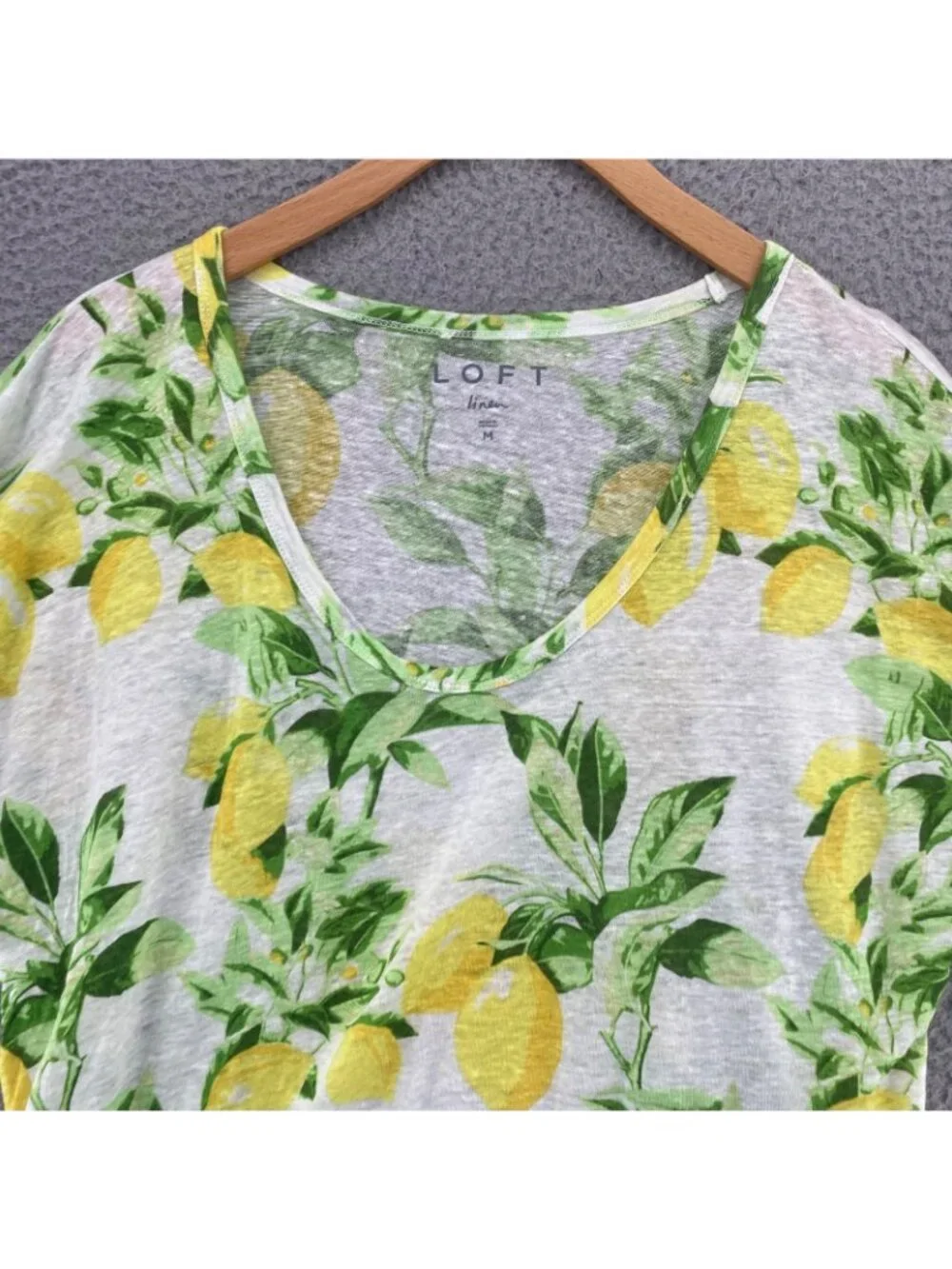 Loft Top Womens Medium Lemon Linen Tee Cap Sleeves Scoop Neck Casual Semi Sheer - Picture 2 of 9